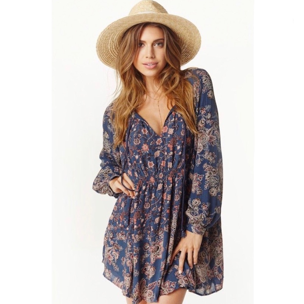 Free People Lucky Loosey Bohemian Mini Dress in Indigo Combo Size XS